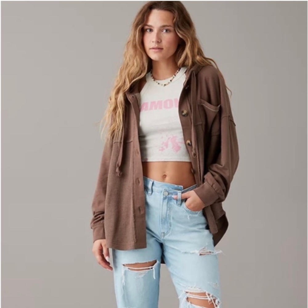 AE American Eagle Outfitters Big Hug Hooded Shacket Jacket Waffle XS/S Aerie